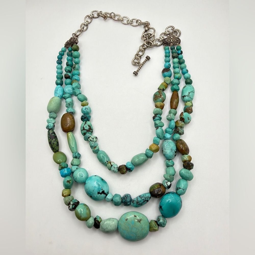 20" VTG Triple strand turquoise, Sterling silver‎ necklace marked BJ 925